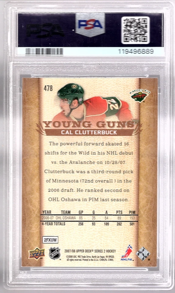 CAL CLUTTERBUCK 2007-08 Upper Deck Young Guns #218 ROOKIE PSA 9 Mint Wild RC - Image 2 of 2