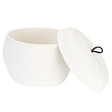 Round Cotton Rope Storage Basket with Lid, Decorative Woven Large White