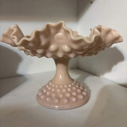 Vintage Fenton  Glass Pink Pastel Hobnail Ruffled Edge 5.5" X 8" Comport #3920