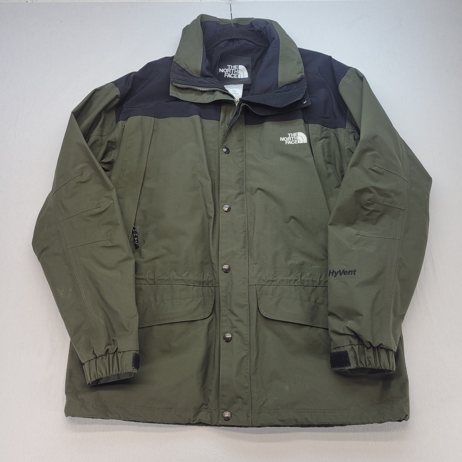 The North Face HyVent Jacket Mens Large Green Hooded Waterproof Rain Shell Coat