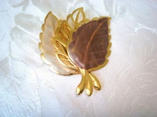 Tri Color Leaves Pin Brooch Taupe Green Gold Tone KJ