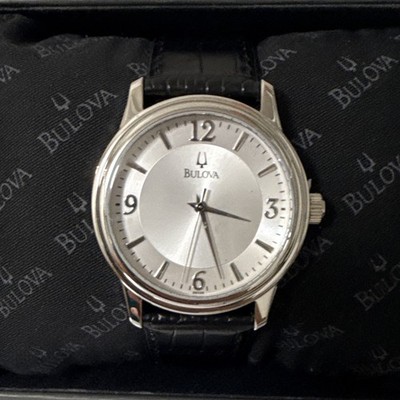 Bulova Men's Dress Quartz Wristwatch Silver Dial Black Leather Strap w/ Box