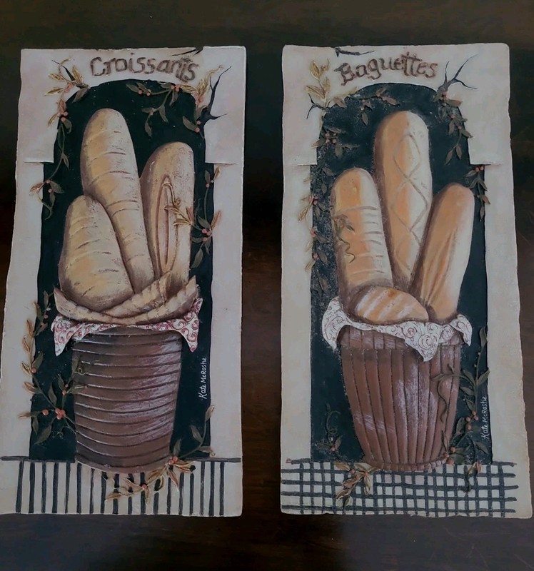 2 Kate McRostie Wall Art 3D Plaques  Baguetts Croissants Vintage French Country