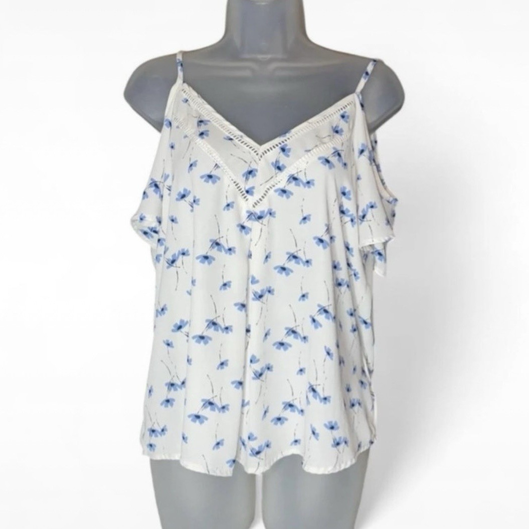 Sienna Sky Womens Blue/White Floral V-Neck Cold Shoulder Lace Blouse Size M