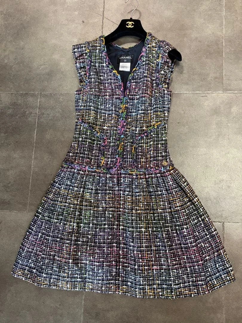 Chanel — CHANEL Multicolor Tweed Dress Logo Button Frill Size 34 Authentic SR2075