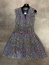 CHANEL Multicolor Tweed Dress Logo Button Frill Size 34 Authentic SR2075