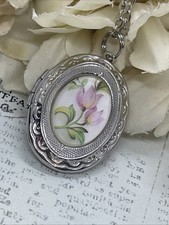 Pink Frosted Tulip SLTONE Photo Locket Necklace Bridal Gift Mom Wife Anniversary