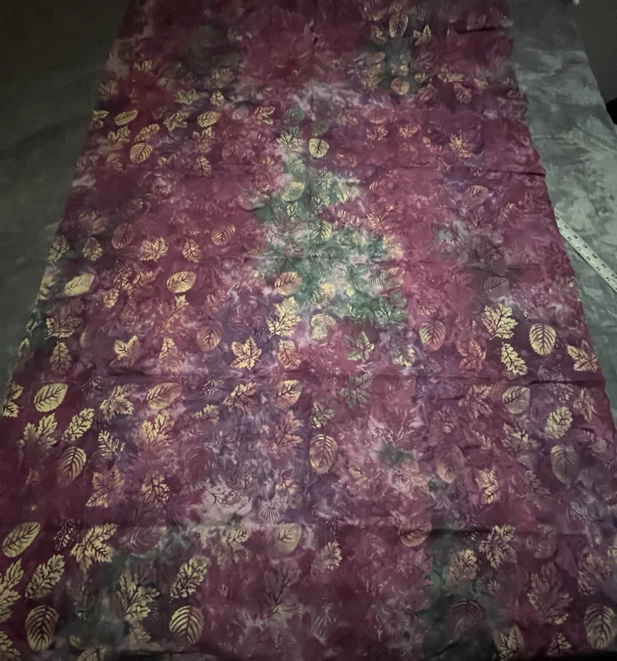 Cotton Tie Dye Design with Leaves Fabric Purple Green Gold 1.35 Yds x 36 Inches - Image 4 of 4