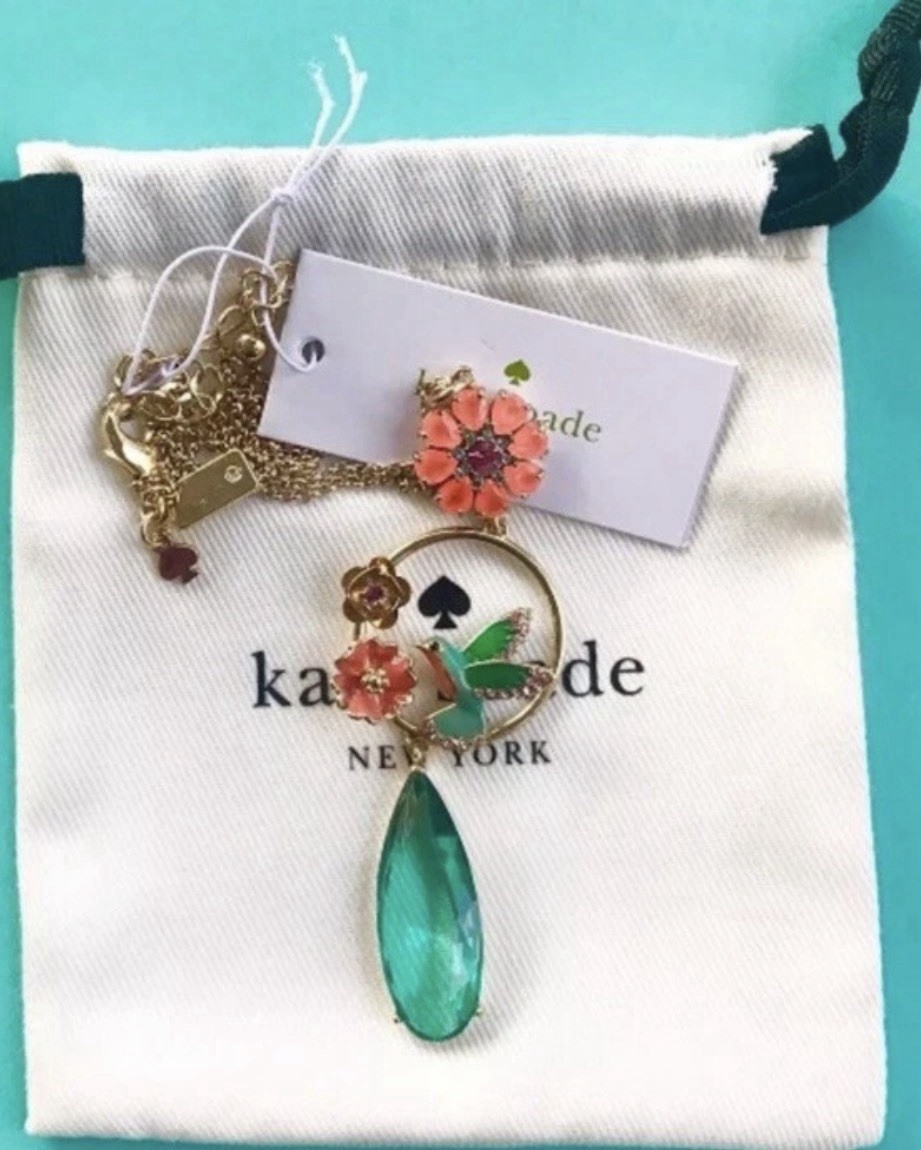 Kate Spade Hummingbird Pendant Necklace Gold Tone Floral Crystal Bird Charm