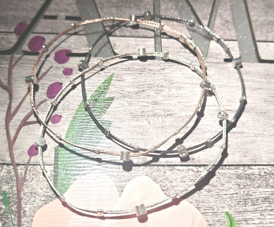 VTG Cable Wire Bracelet Set  Rhinestone Memory Wire Bangle Stack - Image 2 of 4