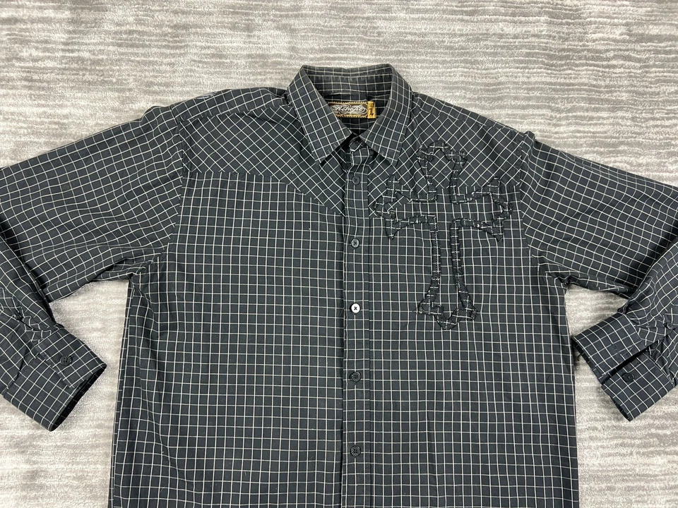 Retrofit Shirt Mens Large Black Plaid Cross Button Front Longsleeve Casual - Image 2 of 4