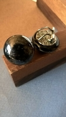 Boucles D'oreilles Vintage Clips En Verre Noir Flammé - Occasion En Bon état D'usage
