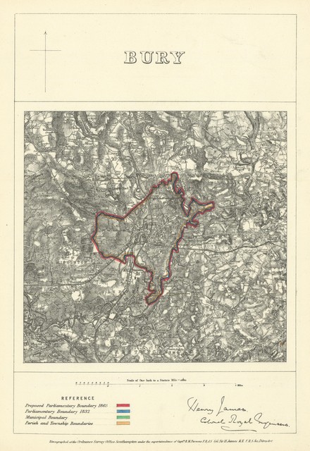 Bury Lancashire. JAMES. Commissione parlamentare di confine 1868 vecchia mappa- Bury Lancashire. JAMES. Commissione parlamentare di confine 1868 vecchia mappa-
