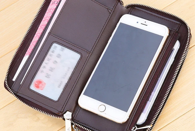 Septwolves Hombres Cuero de Vaca Cartera Monedero Cremallera Bolso sin asas Negro 4964082-01 Foto 4 de 4