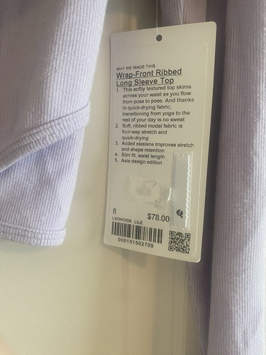 NWT Lululemon Wrap Front Ribbed Long Sleeve Top Lilac Ether LILE Size 8 - Picture 2 of 4