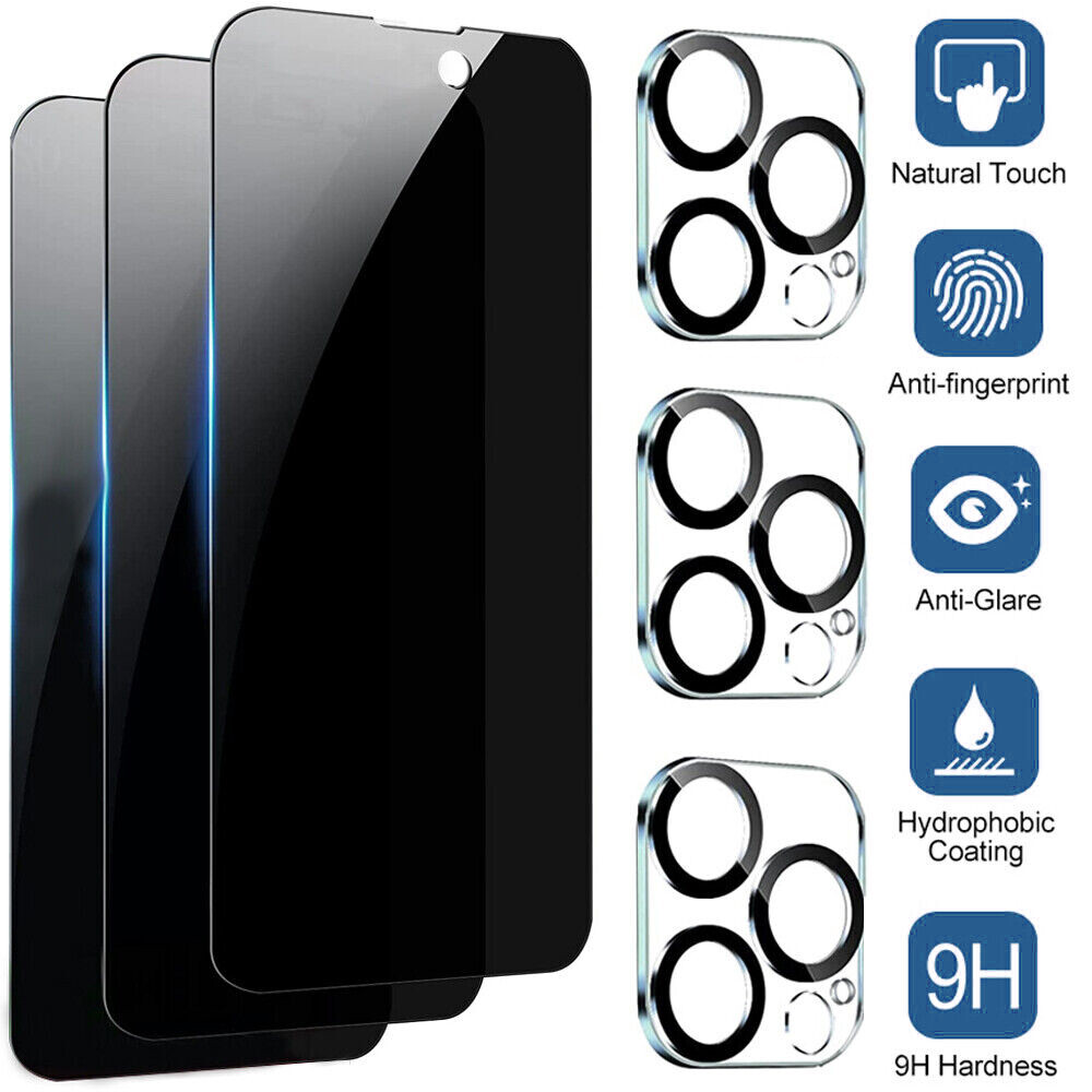 For iPhone 16 15 14 13 12 Pro Max Tempered Glass Privacy Screen Camera Protector