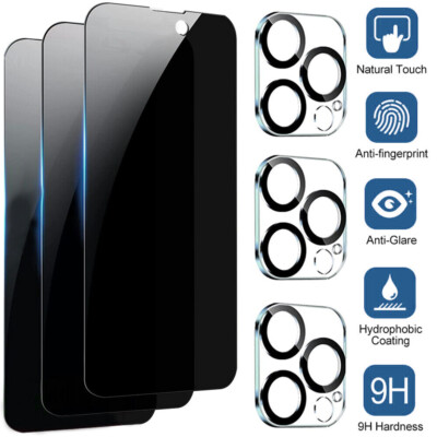 For iPhone 16 15 14 13 12 Pro Max Tempered Glass Privacy Screen Camera Protector