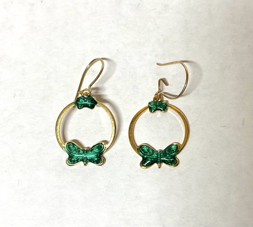 Enamel earrings. GOLD PLATE HOOP with Butterfly design- Green Enamel earrings - Picture 3 of 3