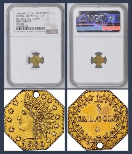 RARE LARGE INDIAN HD 1880 1/2 CALIFORNIA GOLD TOKEN, NGC UNC HR.5, GOLD RUSH!