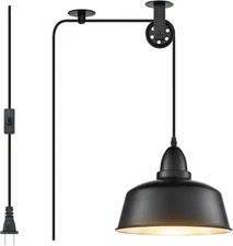 Black Farmhouse Hanging Lights with Plug in Cord, Pulley Hanging Lamp