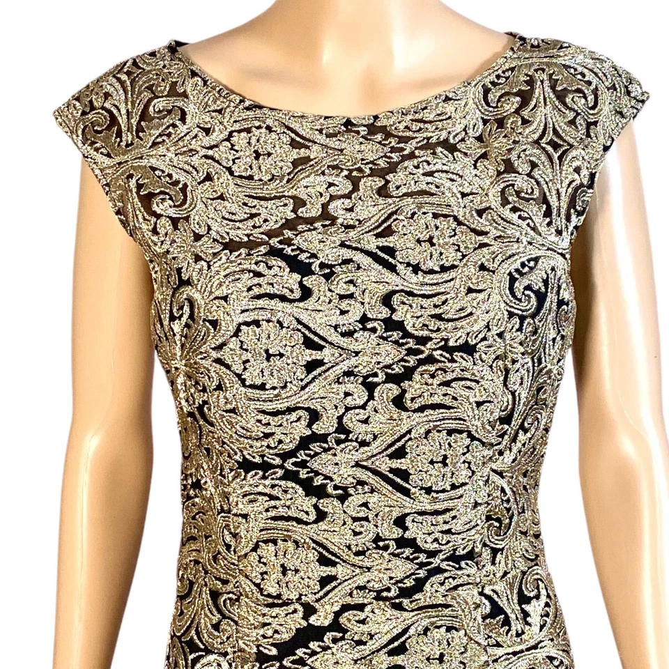 David Meister Evening Wear Metallic Gold Brocade Lace Fit & Flare Gown Sz 8 - Image 3 of 4