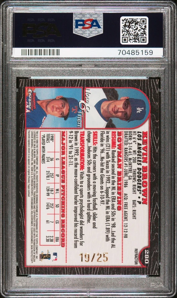 1999 BOWMAN CHROME GOLD REFRACTOR #280 KEVIN BROWN DODGER PSA 9 MINT POP 2 NO 10 - Image 2 of 2