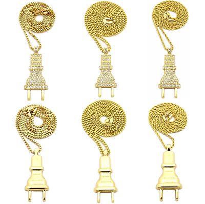 MENS GOLD ELECTRIC POWER PLUG PENDANT BOX ,ROPE,CUBAN CHAIN NECKLACE