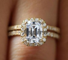 Solid 14k Yellow Gold 2.20ct Emerald Cut Moissanite Engagement Wedding Band Ring