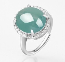 Certified Natural Burma icy Green Blue water Jadeite 925s Ring Crystal inlay