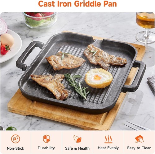 Cast Iron Griddle Frying Pan Grill Non-Stick Skillet Cooking Fry Rectangle Steak - Picture 23 of 30