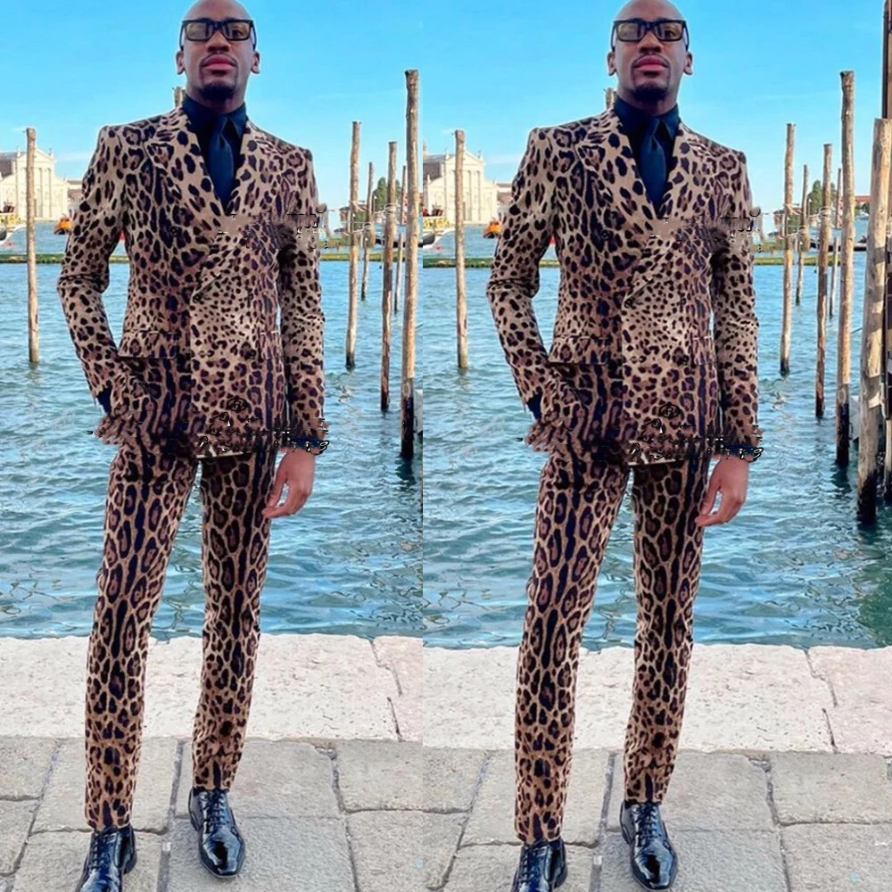 Men Suits Leopard Banquet Double Breasted 2 Pcs Casual Prom Party Blazer  Custom