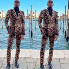 Prom Party Men Suits Leopard Banquet Double Breasted 2 Pcs Casual Blazer Custom
