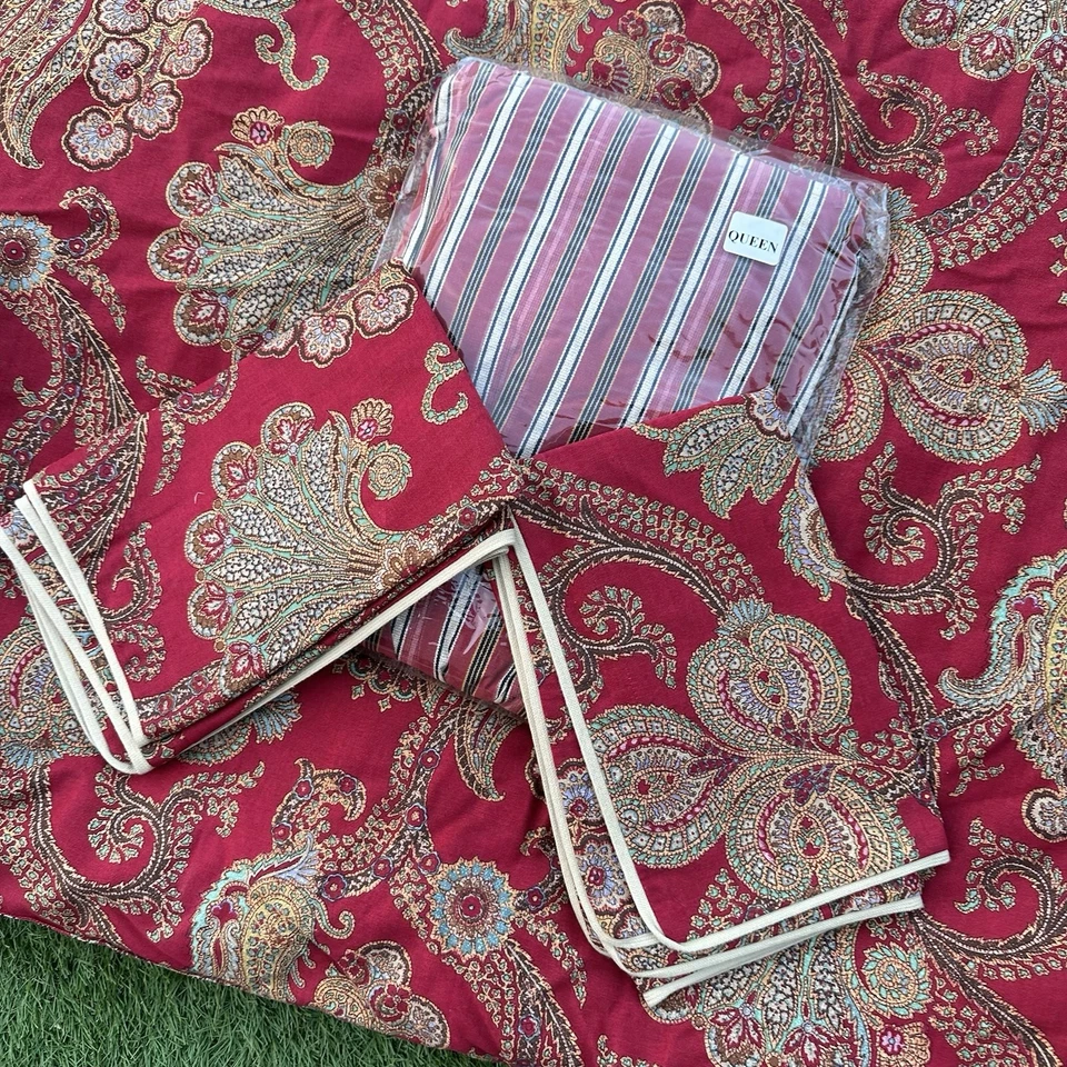 CHAPS Ralph Lauren Juliette Queen 4 Pc Set Comforter Bedskirt Red Paisley Stripe - Image 3 of 4