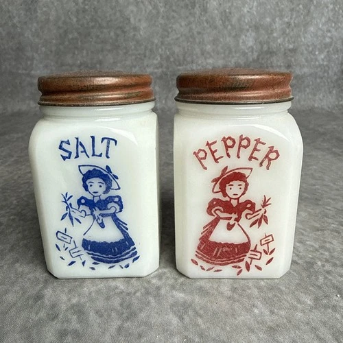 Vintage McKee Tipp City Milk Glass Garden Girl Salt And Pepper Shaker