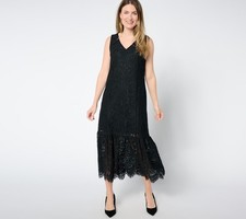 Women Control Women's Petite Dress PL Illusion Waist Lace Maxi Black A650903