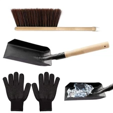 Fireplace Ash Shovel and Brush & Gloves Set, Metal Fireplace Shovel for Ash