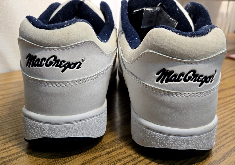 De Colección MacGregor Zapatillas Tenis Cuero Blanco Talla 8.5 Azul Marino Ribete Retro Hombres Foto 3 de 4