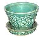 MCCOY Vintage 1940 Art Pottery Planter Green Hobnail & Leaves Attached Saucer
