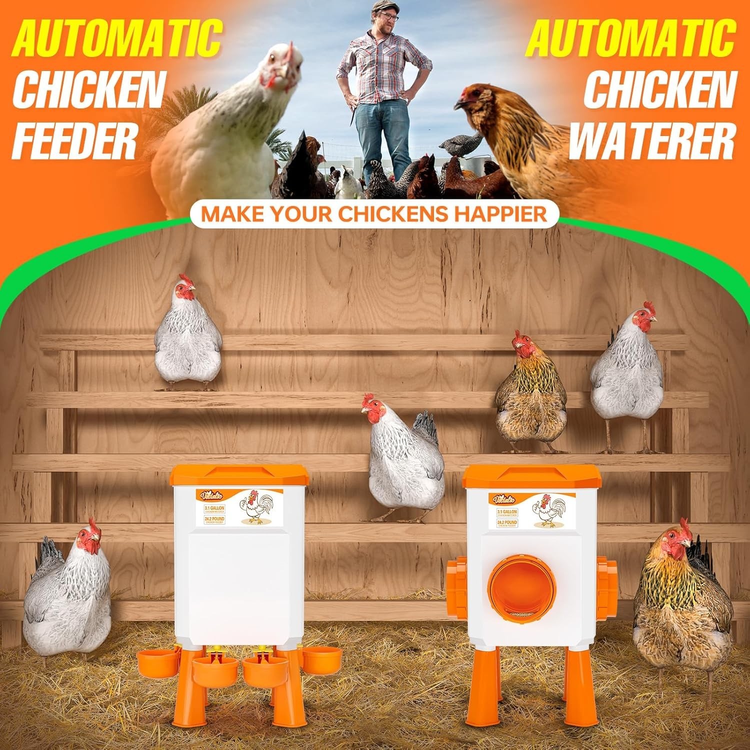Chicken Feeder and Waterer Set, Chicken Coop Accessories, 3.1 Gallon/24.2 Pou...