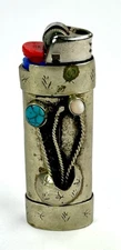 Vtg Lighter Case Turquoise W/Sterling Floral Leaf Western Cover Holder for Bic 