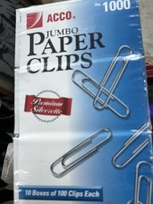 NEW SEALED ACCO SILVER JUMBO PAPER CLIPS 1000 COUNT 10 BOXES 100 EACH BOX