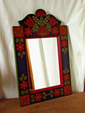 VINTAGE HUNGARIAN HAND PAINTED WOODEN FOLK ART FLORAL MIRROR SIGNED HOLLO LASZLO