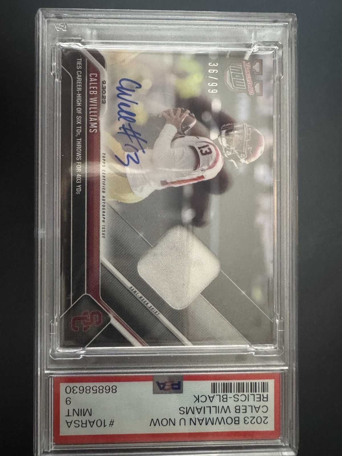 2023 Caleb Williams Black Relics RPA /99 Game Used Patch Auto PSA 9 POP 3 Only 2 Higher