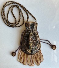 VTG Early 90  s Beaded Drawstring Evening Bag Tassles Gold/Purple Prom Graduation