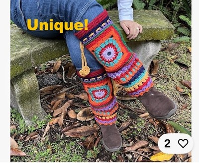 Handmade Whimsical Boho Crochet Leg Warmers Cheerful & Colorful OOAK