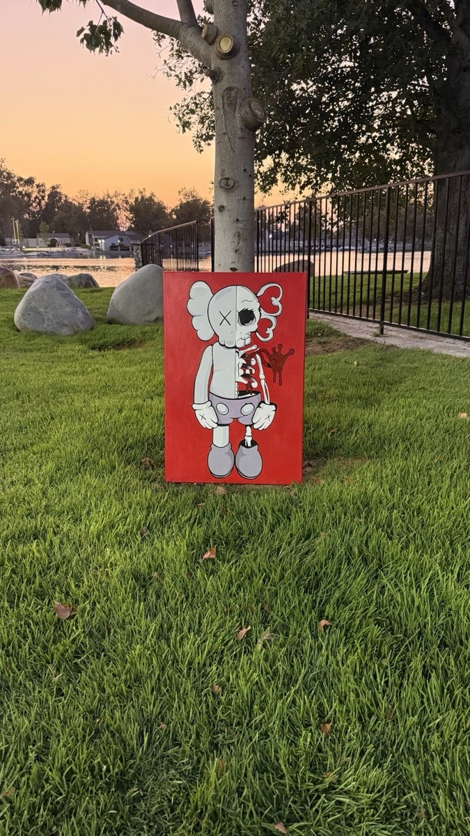 Red Edition Kaws x Skelly Large Handmade Acrylic Painting | eBay