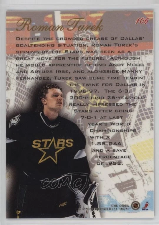 1996-97 Flair Wave of the Future Roman Turek #106 Rookie RC - Image 2 of 2