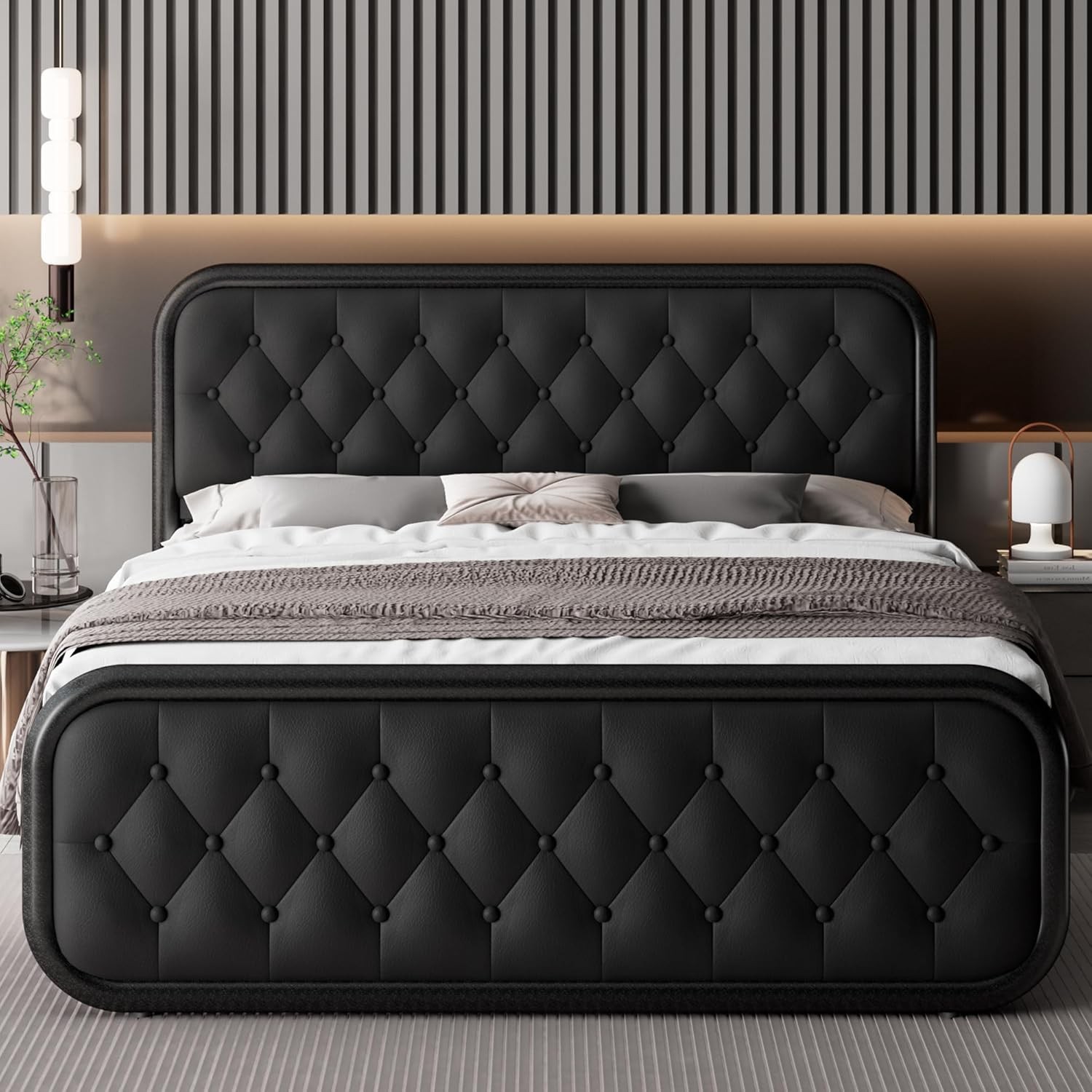 , Heavy Duty Bed Frame With Faux Leather Headboard