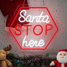 Santa Stop Here Neon Sign for Window Decor USB Powered Xmas Neon Wall Sign Fe...
