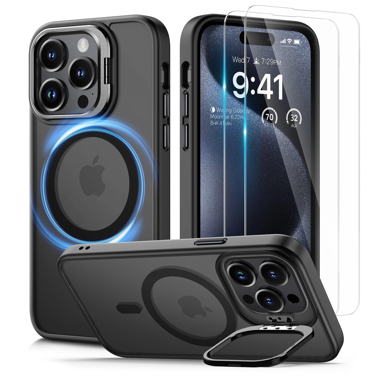 Coque iPhone 15 Pro transparente avec support béquille et pack de 2 verres trempés
